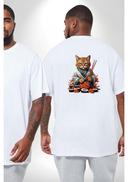 Suşi Balık Çiçek Japon Kedi Büyük Beden Beyaz Tişört Kadın Erkek Ünisex Sırt Baskılı fiyatları