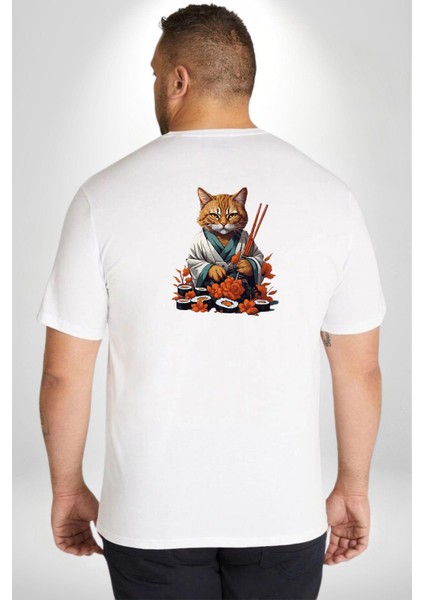 Suşi Balık Çiçek Japon Kedi Büyük Beden Beyaz Tişört Kadın Erkek Ünisex Sırt Baskılı fırsatları