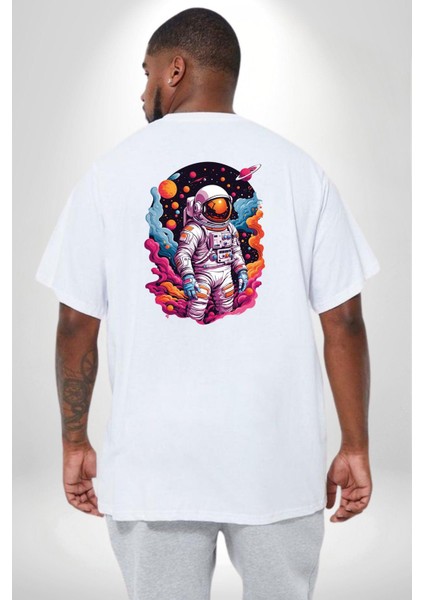 Ay Mars Astronot Büyük Beden Beyaz Tişört Kadın Erkek Ünisex Sırt Baskılı