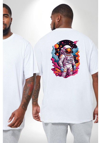 Ay Mars Astronot Büyük Beden Beyaz Tişört Kadın Erkek Ünisex Sırt Baskılı fiyatları