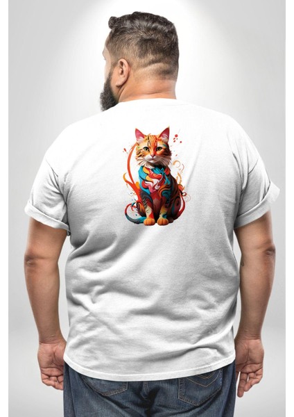 Renkli Yağlı Boya Kedi Büyük Beden Beyaz Tişört Kadın Erkek Ünisex Sırt Baskılı
