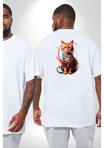 Renkli Yağlı Boya Kedi Büyük Beden Beyaz Tişört Kadın Erkek Ünisex Sırt Baskılı fiyatları