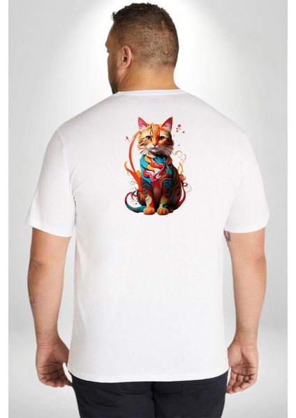 Renkli Yağlı Boya Kedi Büyük Beden Beyaz Tişört Kadın Erkek Ünisex Sırt Baskılı fırsatları