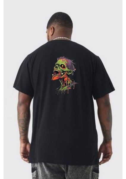Zombi Kafası Büyük Beden Siyah Tişört Kadın Erkek Ünisex Sırt Baskılı