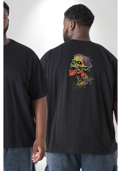 Zombi Kafası Büyük Beden Siyah Tişört Kadın Erkek Ünisex Sırt Baskılı fiyatları