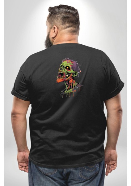 Zombi Kafası Büyük Beden Siyah Tişört Kadın Erkek Ünisex Sırt Baskılı fırsatları