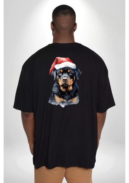 Yeni Yıl Noel Rottweiler Büyük Beden Siyah Tişört Kadın Erkek Ünisex Sırt Baskılı