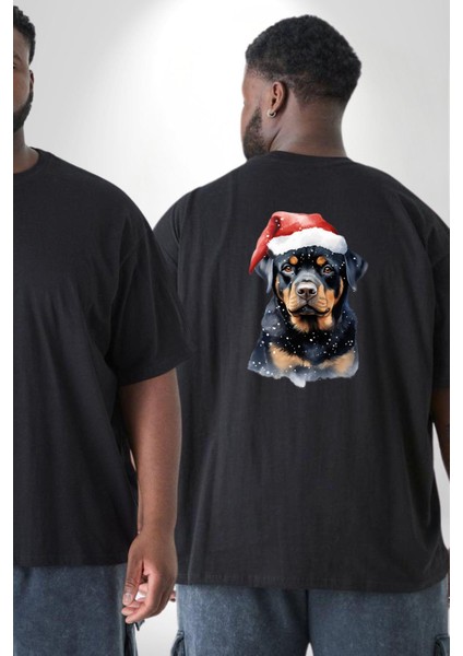 Yeni Yıl Noel Rottweiler Büyük Beden Siyah Tişört Kadın Erkek Ünisex Sırt Baskılı fiyatları