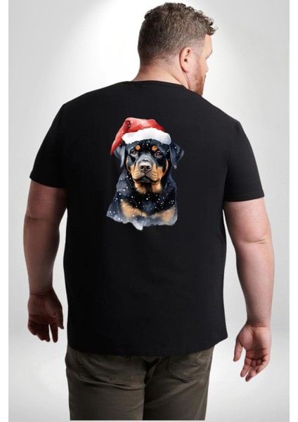 Yeni Yıl Noel Rottweiler Büyük Beden Siyah Tişört Kadın Erkek Ünisex Sırt Baskılı fırsatları