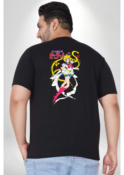 Sailor Moon Anime Usagi Tsukino Büyük Beden Siyah Tişört Kadın Erkek Ünisex Sırt Baskılı
