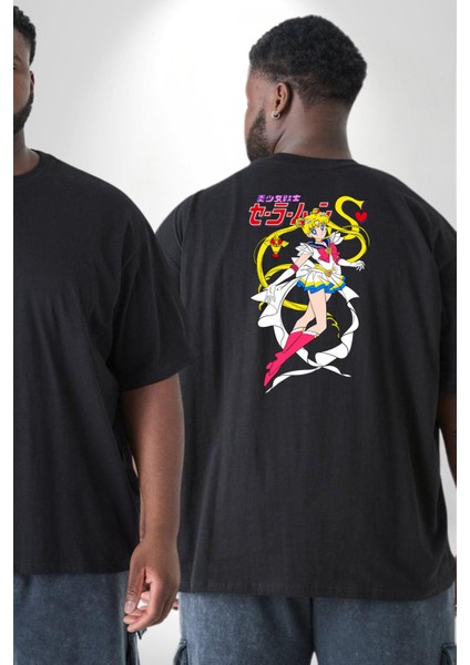 Sailor Moon Anime Usagi Tsukino Büyük Beden Siyah Tişört Kadın Erkek Ünisex Sırt Baskılı fiyatları