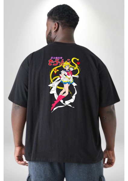 Sailor Moon Anime Usagi Tsukino Büyük Beden Siyah Tişört Kadın Erkek Ünisex Sırt Baskılı fırsatları