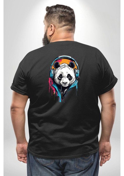 Kulaklık Ayı Panda Büyük Beden Siyah Tişört Kadın Erkek Ünisex Sırt Baskılı