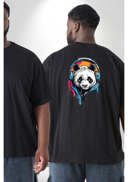 Kulaklık Ayı Panda Büyük Beden Siyah Tişört Kadın Erkek Ünisex Sırt Baskılı fiyatları