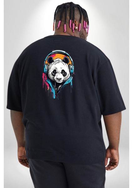 Kulaklık Ayı Panda Büyük Beden Siyah Tişört Kadın Erkek Ünisex Sırt Baskılı fırsatları