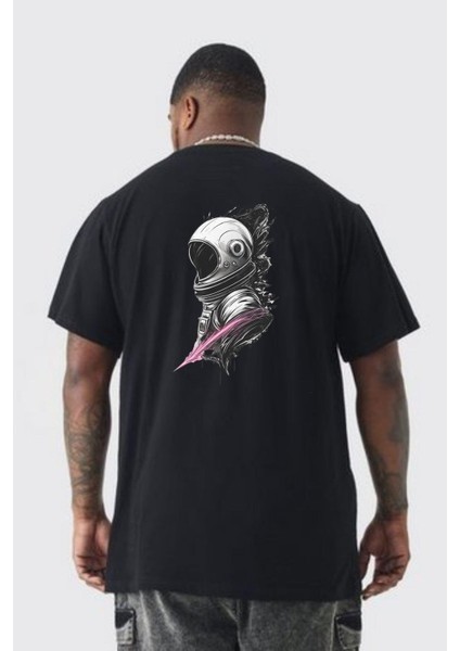 Astronot Kafası Büyük Beden Siyah Tişört Kadın Erkek Ünisex Sırt Baskılı