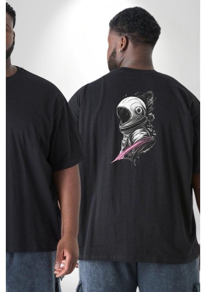 Astronot Kafası Büyük Beden Siyah Tişört Kadın Erkek Ünisex Sırt Baskılı fiyatları