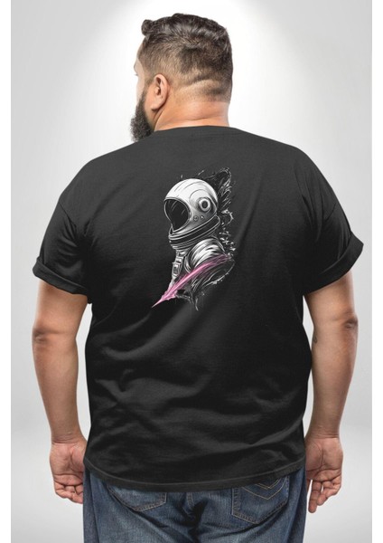 Astronot Kafası Büyük Beden Siyah Tişört Kadın Erkek Ünisex Sırt Baskılı fırsatları