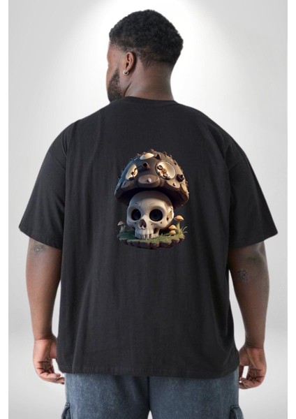 Kurukafa Mantar Ev Büyük Beden Siyah Tişört Kadın Erkek Ünisex Sırt Baskılı