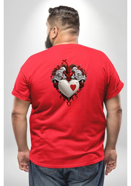 Robot Kalp Atardamar Büyük Beden Kırmızı Tişört Kadın Erkek Ünisex Sırt Baskılı