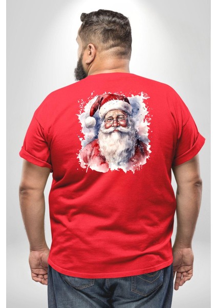 Mutlu Noel Baba Yeni Yıl Tasarımı Büyük Beden Kırmızı Tişört Kadın Erkek Ünisex Sırt Baskılı
