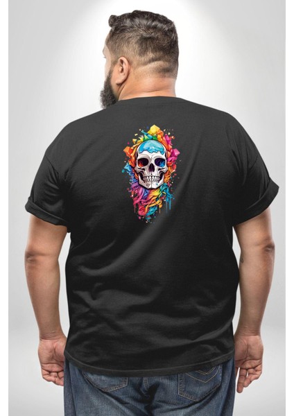 Renkli Kurukafa Büyük Beden Siyah Tişört Kadın Erkek Ünisex Sırt Baskılı