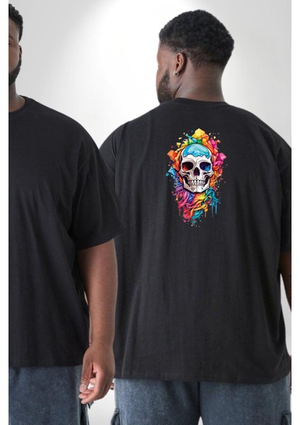 Renkli Kurukafa Büyük Beden Siyah Tişört Kadın Erkek Ünisex Sırt Baskılı fiyatları