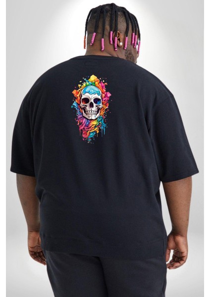 Renkli Kurukafa Büyük Beden Siyah Tişört Kadın Erkek Ünisex Sırt Baskılı fırsatları