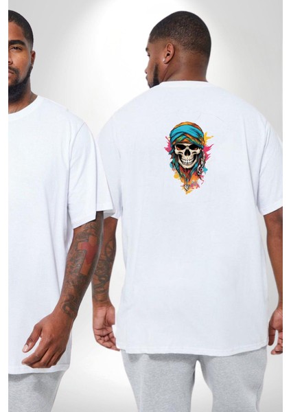 Bandaba Renkli Kurukafa Büyük Beden Beyaz Tişört Kadın Erkek Ünisex Sırt Baskılı fiyatları