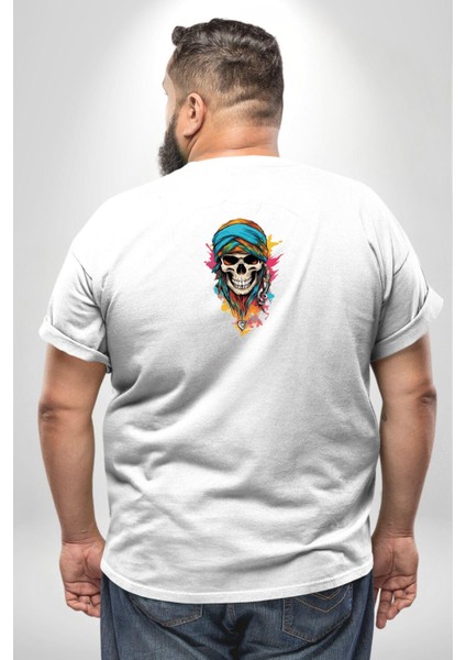 Bandaba Renkli Kurukafa Büyük Beden Beyaz Tişört Kadın Erkek Ünisex Sırt Baskılı fırsatları