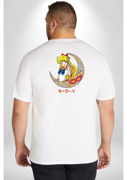 Sailor Moon Ay Savaşcısı Anime Büyük Beden Beyaz Tişört Kadın Erkek Ünisex Sırt Baskılı