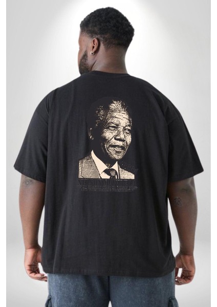 Nelson Mandela Büyük Beden Siyah Tişört Kadın Erkek Ünisex Sırt Baskılı
