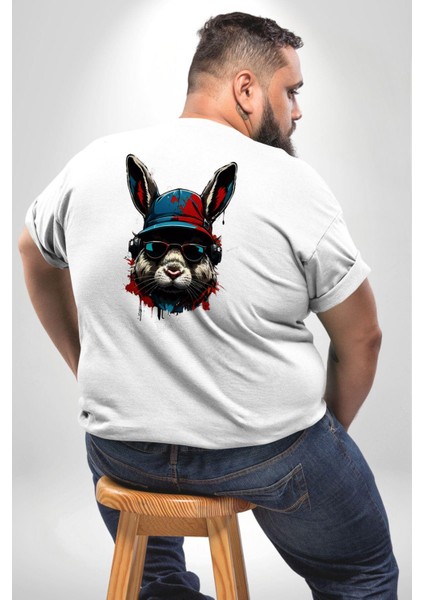 Müzik Şapka Gözlük Takan Tavşan Büyük Beden Beyaz Tişört Kadın Erkek Ünisex Sırt Baskılı