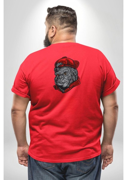 Kırmızı Şapka Maymun Büyük Beden Kırmızı Tişört Kadın Erkek Ünisex Sırt Baskılı fırsatları