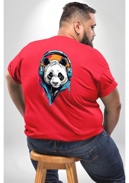 Kulaklık Ayı Panda Büyük Beden Kırmızı Tişört Kadın Erkek Ünisex Sırt Baskılı