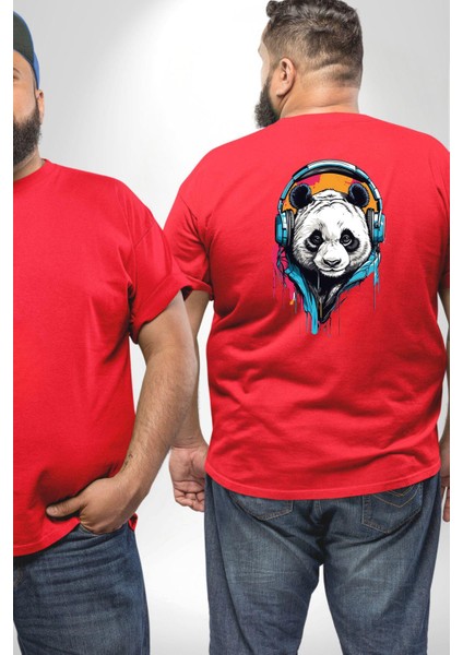 Kulaklık Ayı Panda Büyük Beden Kırmızı Tişört Kadın Erkek Ünisex Sırt Baskılı fiyatları