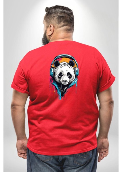 Kulaklık Ayı Panda Büyük Beden Kırmızı Tişört Kadın Erkek Ünisex Sırt Baskılı fırsatları