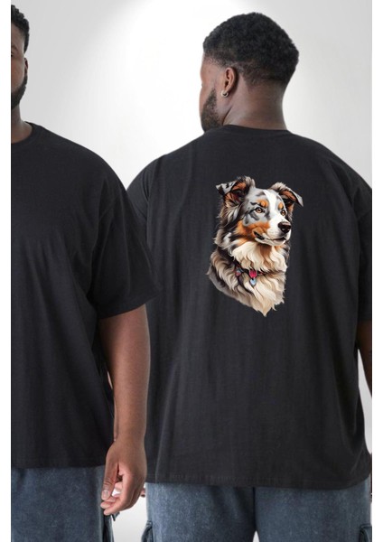 Australian Shepherd Köpek Büyük Beden Siyah Tişört Kadın Erkek Ünisex Sırt Baskılı fiyatları