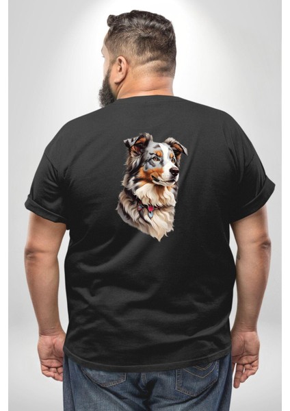 Australian Shepherd Köpek Büyük Beden Siyah Tişört Kadın Erkek Ünisex Sırt Baskılı fırsatları