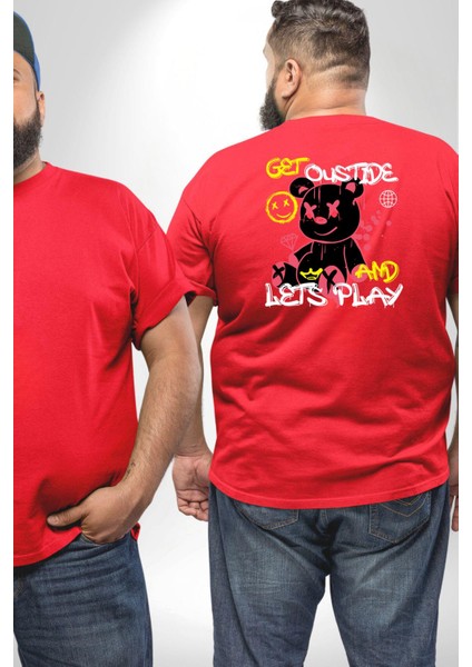 Dışarı Çık Ve Oynayalım Teddy Büyük Beden Kırmızı Tişört Kadın Erkek Ünisex Sırt Baskılı fiyatları
