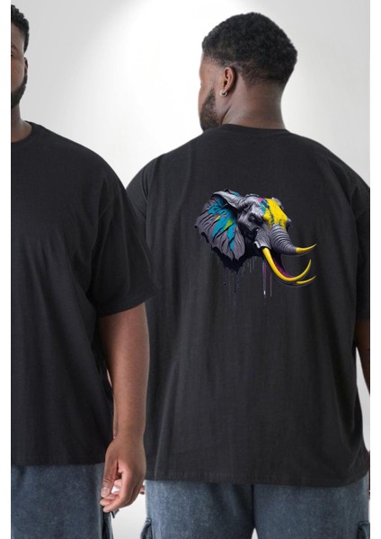 Renkli Fil Kafası Büyük Beden Siyah Tişört Kadın Erkek Ünisex Sırt Baskılı fiyatları