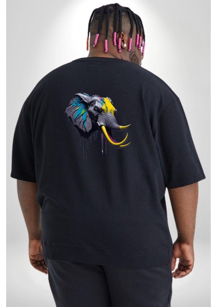 Renkli Fil Kafası Büyük Beden Siyah Tişört Kadın Erkek Ünisex Sırt Baskılı fırsatları