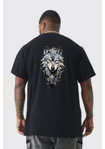 Beyaz Kurt Büyük Beden Siyah Tişört Kadın Erkek Ünisex Sırt Baskılı
