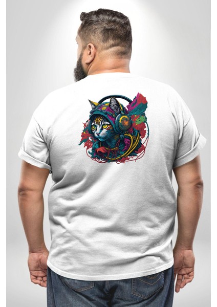 Kulaklık Kedi Müzik Tekir Büyük Beden Beyaz Tişört Kadın Erkek Ünisex Sırt Baskılı fırsatları