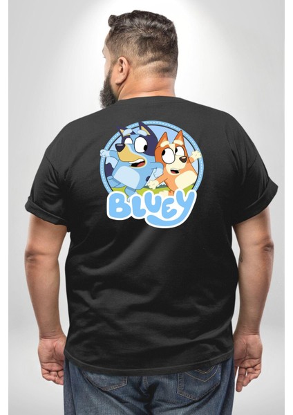 Bluey Büyük Beden Siyah Tişört Kadın Erkek Ünisex Sırt Baskılı