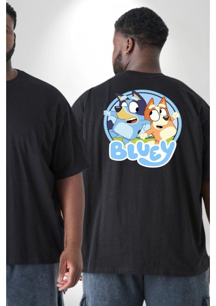 Bluey Büyük Beden Siyah Tişört Kadın Erkek Ünisex Sırt Baskılı