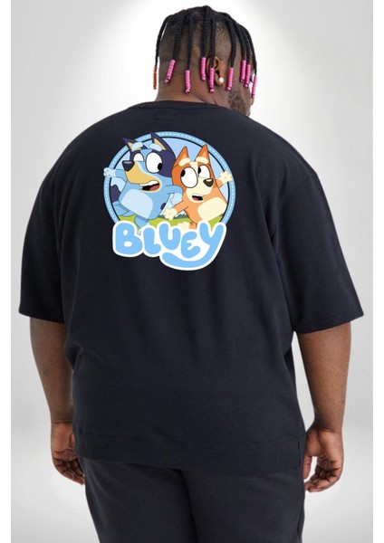 Bluey Büyük Beden Siyah Tişört Kadın Erkek Ünisex Sırt Baskılı