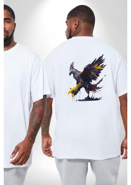Kara Kartal Sulu Boya Büyük Beden Beyaz Tişört Kadın Erkek Ünisex Sırt Baskılı fiyatları