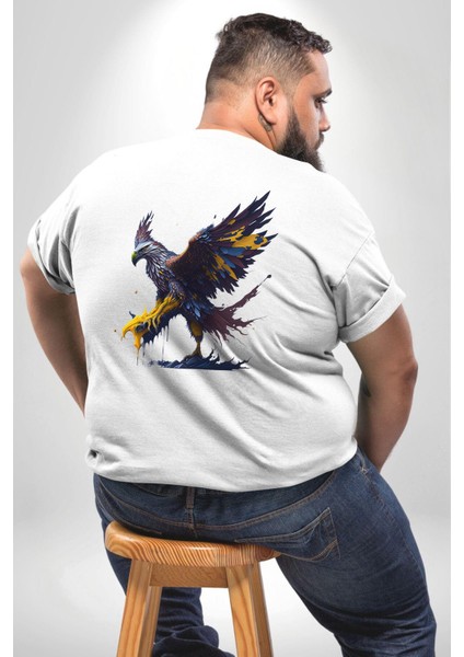 Kara Kartal Sulu Boya Büyük Beden Beyaz Tişört Kadın Erkek Ünisex Sırt Baskılı fırsatları