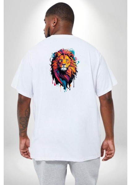 Renkli Yağlı Boya Aslan Büyük Beden Beyaz Tişört Kadın Erkek Ünisex Sırt Baskılı